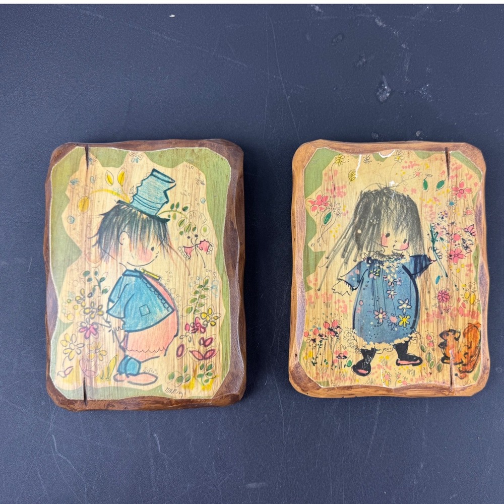 Vintage Mario Wood Wall Plaques Boy Girl Mid Century‎ Kitsch Decor Set of 2